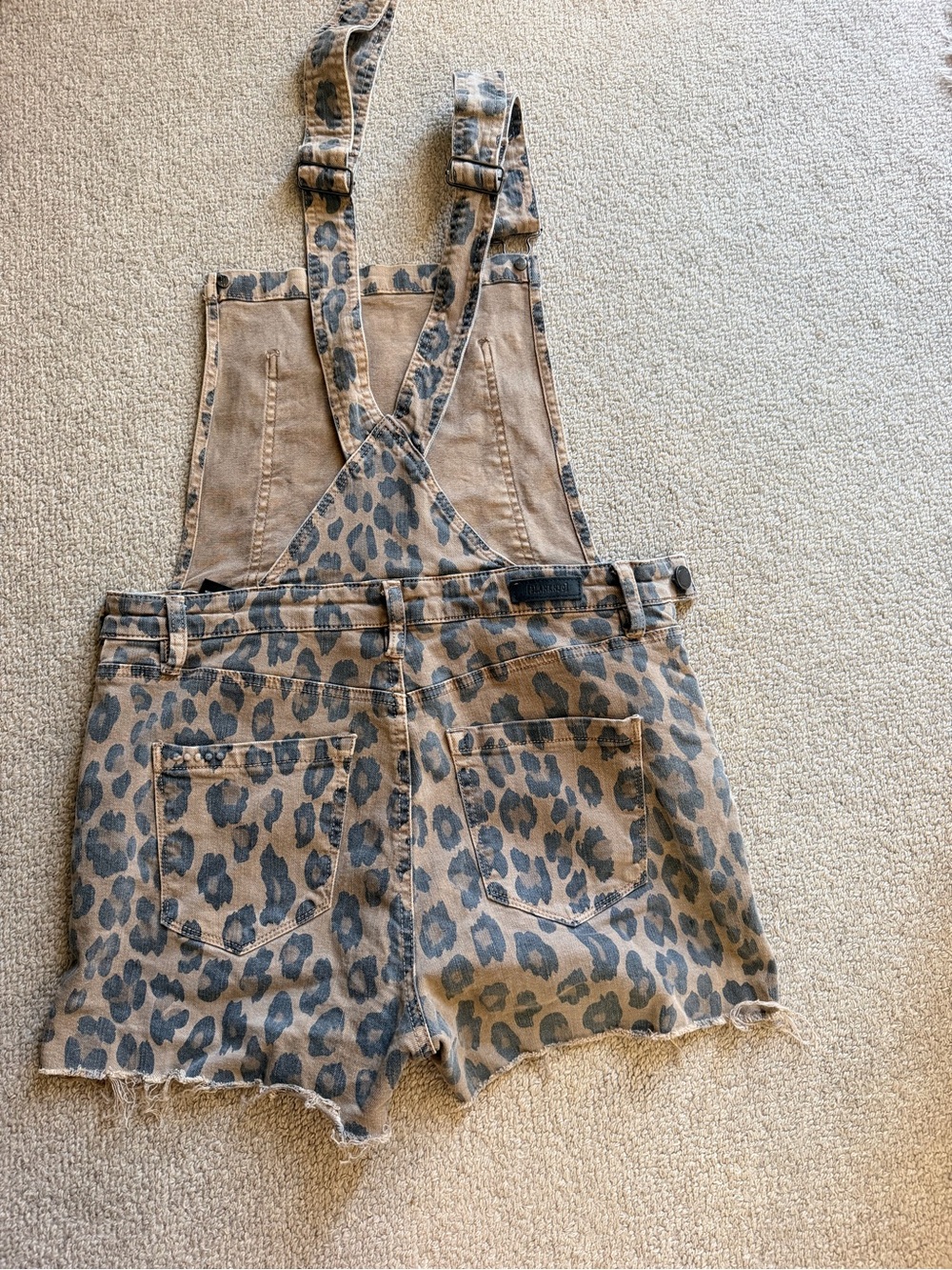 Blank NYC Leopard Print Denim Overall Shorts in Beige and Gray - Picture 2 of 4